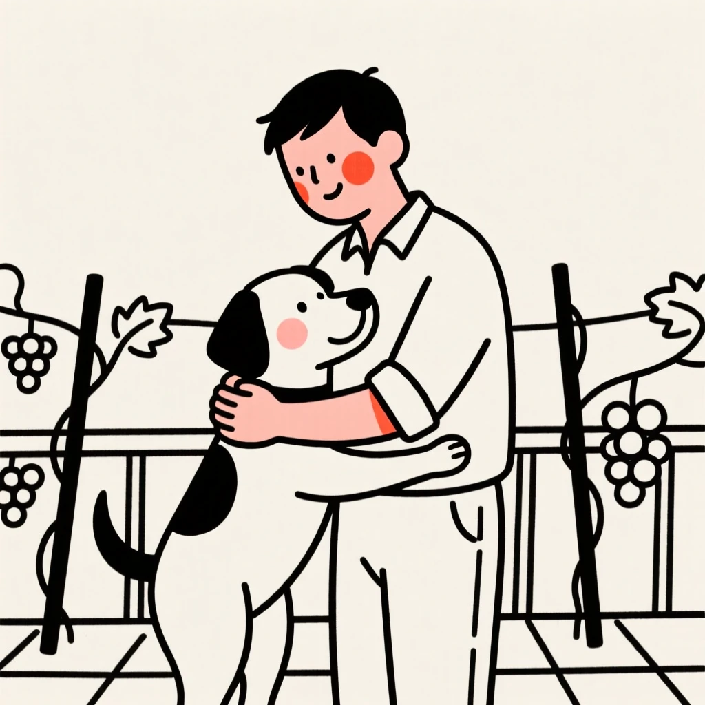 A farmer with a rescue dog, sharing a tender embrace, on a vineyard terrace.