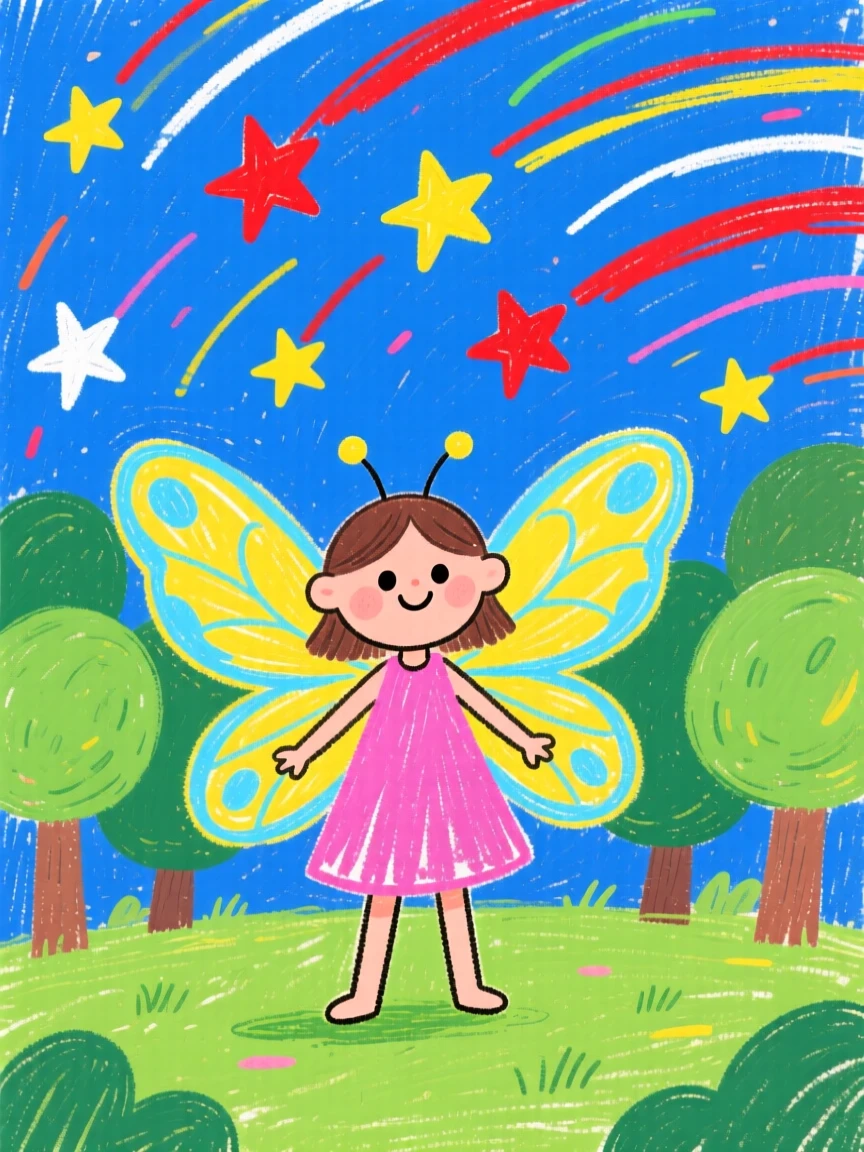 A small forest fairy with glowing wings beneath a sky full of shooting stars.