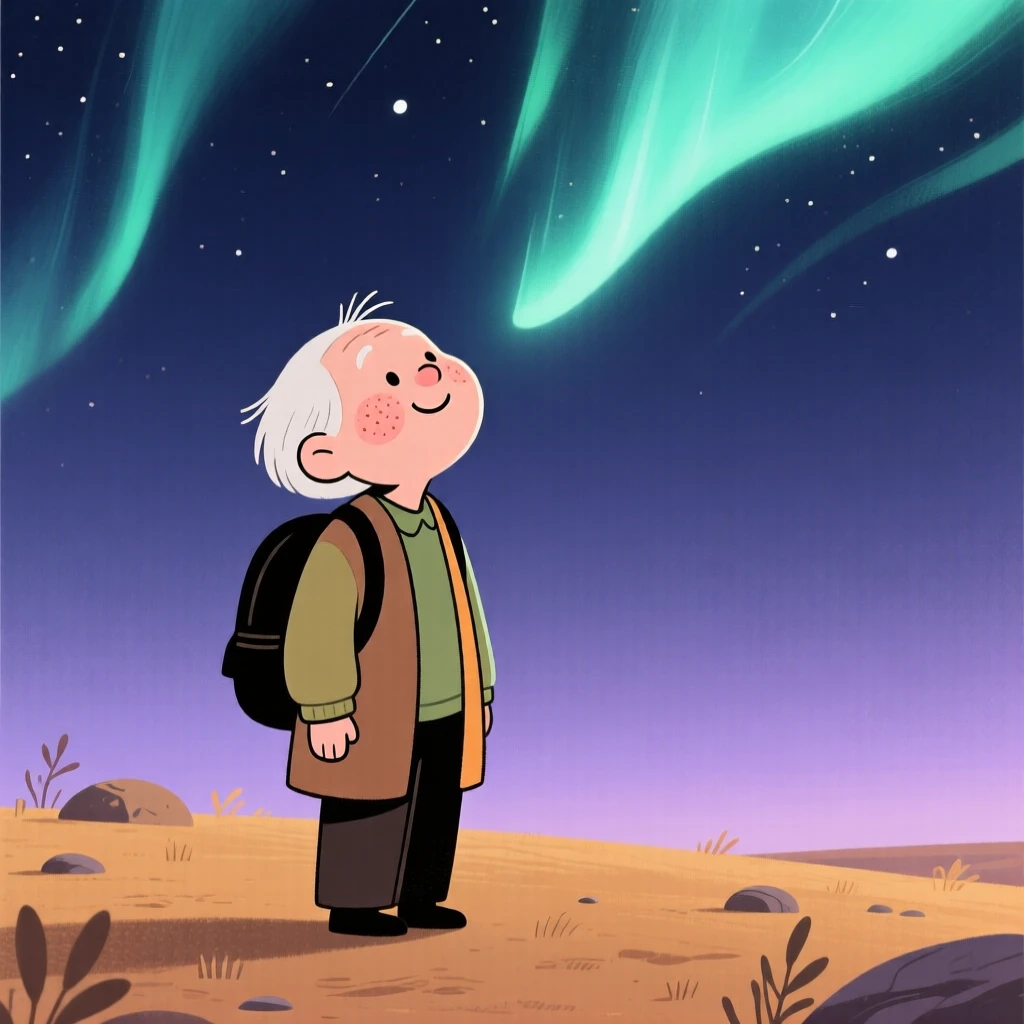 A elderly traveler looks up in quiet wonder at the northern lights overhead, standing perfectly still as a feeling of gratitude settles over the scene.