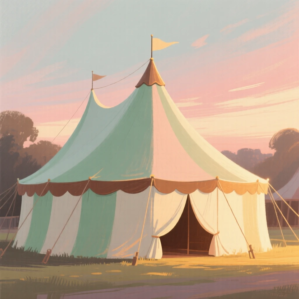 A vintage circus tent glowing warmly against a twilight sky