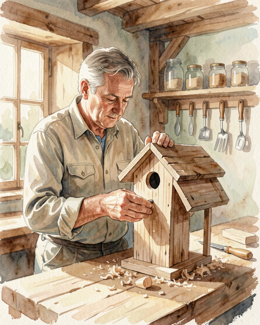 A man building a birdhouse in his workshop with focused, peaceful concentration.
