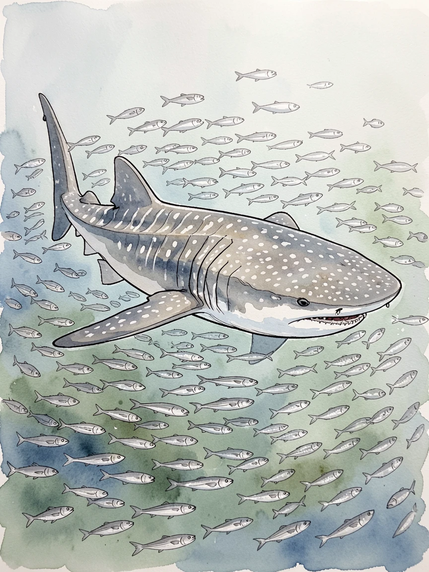 A whale shark gliding slowly through a school of small silver fish, a sense of quiet wildness filling the moment.