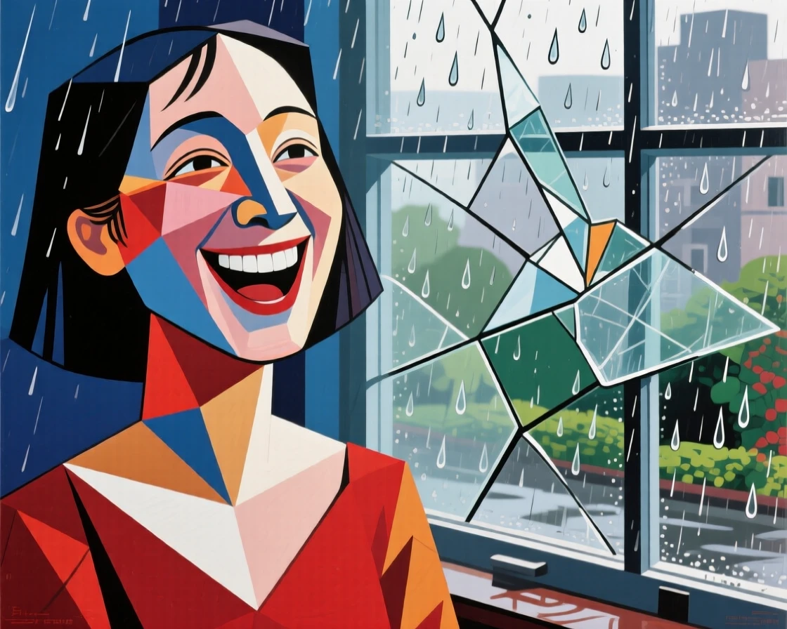 A tender close-up study of a young woman of Japanese heritage laughing joyfully, beside a rain-streaked window.