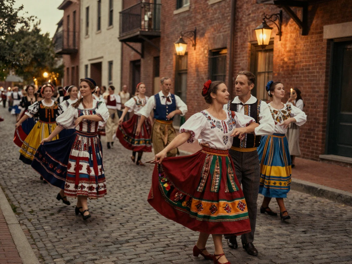 A parade of dancers in colorful traditional costume winding through a street, under flickering candlelight, in still, windless air, during the long days of summer, with a soft sepia-tinted glow, from a three-quarter angle.