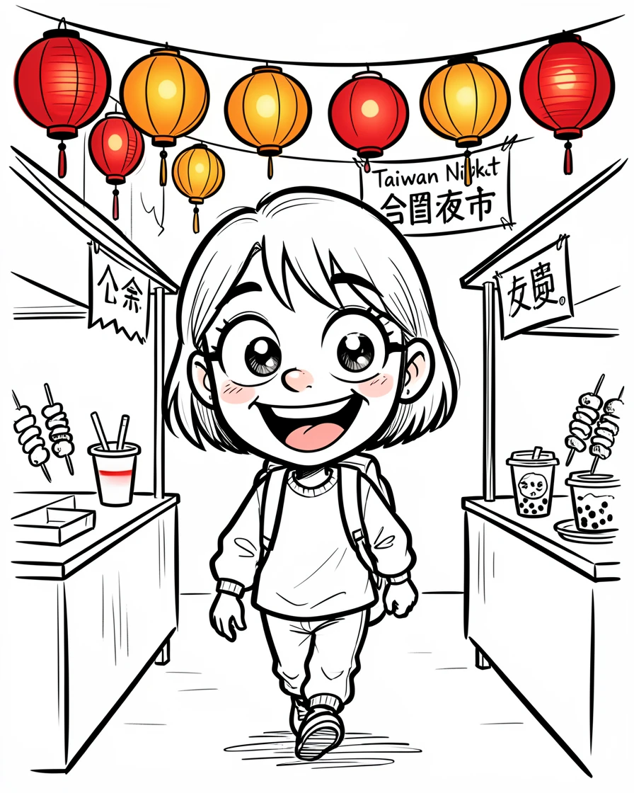 [Travel & Cultural Experiences] Vivid travel scene of a traveler wandering through a lantern-lit night market in Taiwan, full of wonder and adventure