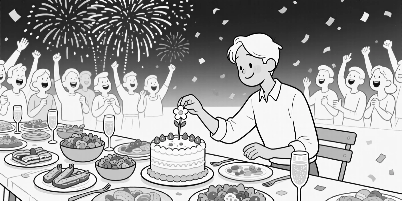 A crowd cheering as fireworks bloom overhead, adding one final delicate sugar flower to the cake, set at an outdoor table crowded with celebratory dishes. Confetti drifts lazily through the air. The image feels like a snapshot of pure, collective happiness.