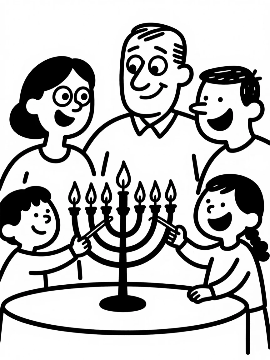 A Hanukkah family gathering lighting the menorah together with warm smiles.