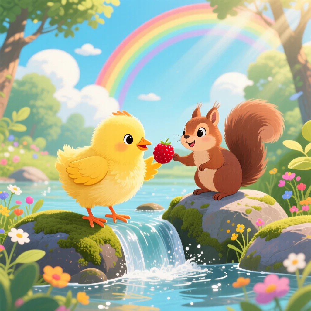 A bright yellow chick is sharing a berry with a friend in a gentle waterfall, with a rainbow arching in the distance.