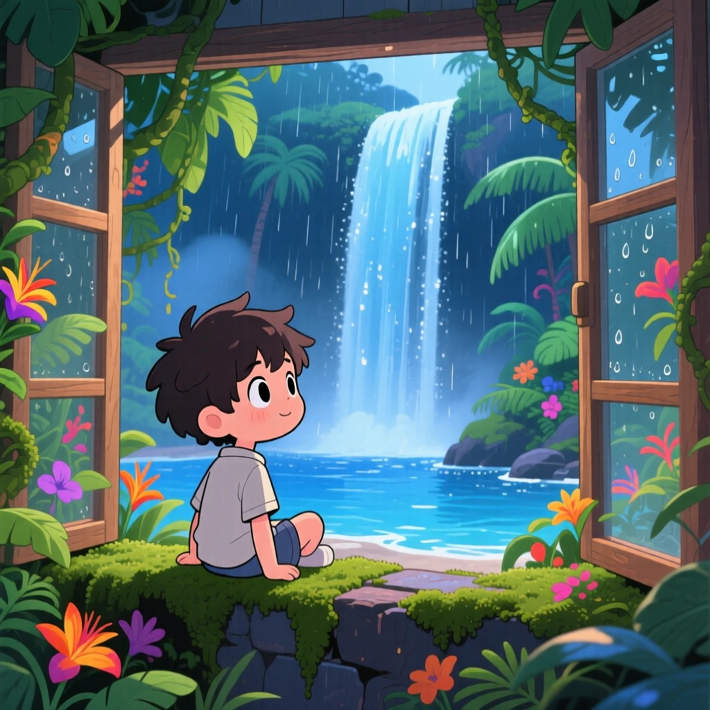 A young boy watching a waterfall from a mossy ledge in a lush tropical jungle on a breezy coastal afternoon; cool blue twilight glow washes over the scene as sleepy relaxation fills the moment. Framed through a window.