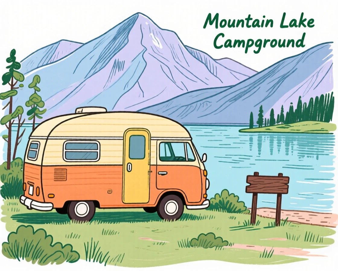 A vintage camper van parked beside a mountain lake.