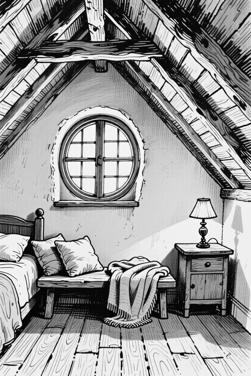 A cozy attic bedroom with a sloped ceiling and a round window.