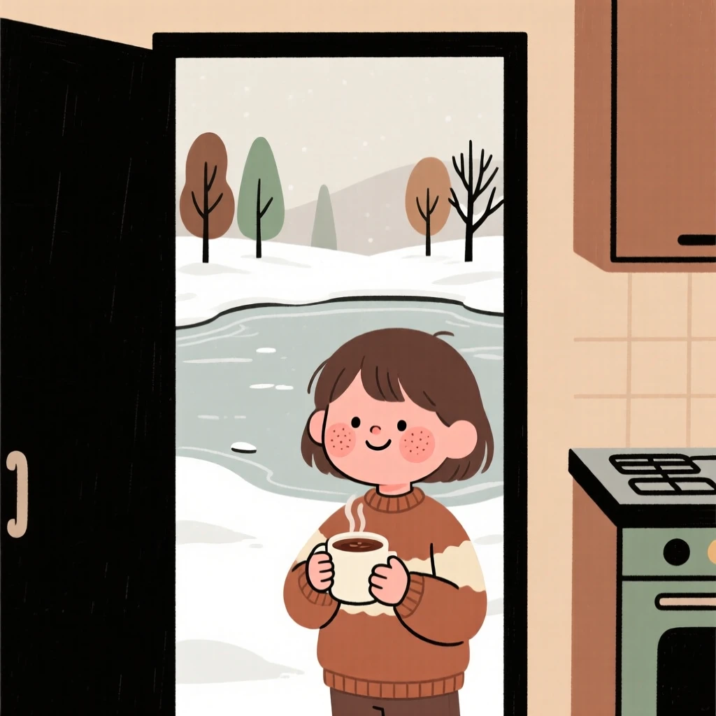 Snow blankets a frozen pond while a child watches from a warm kitchen doorway, a mug of hot cocoa warming their hands.
