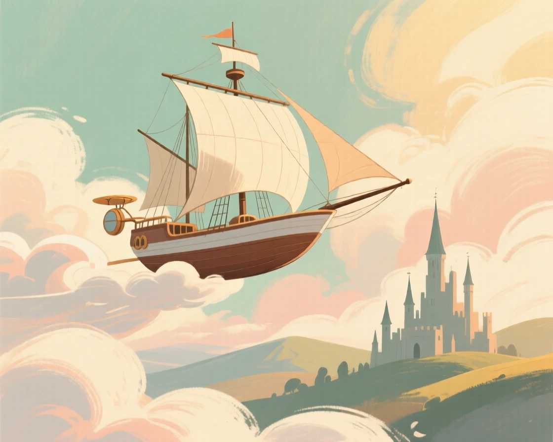 A flying ship sailing through clouds above a fantasy kingdom