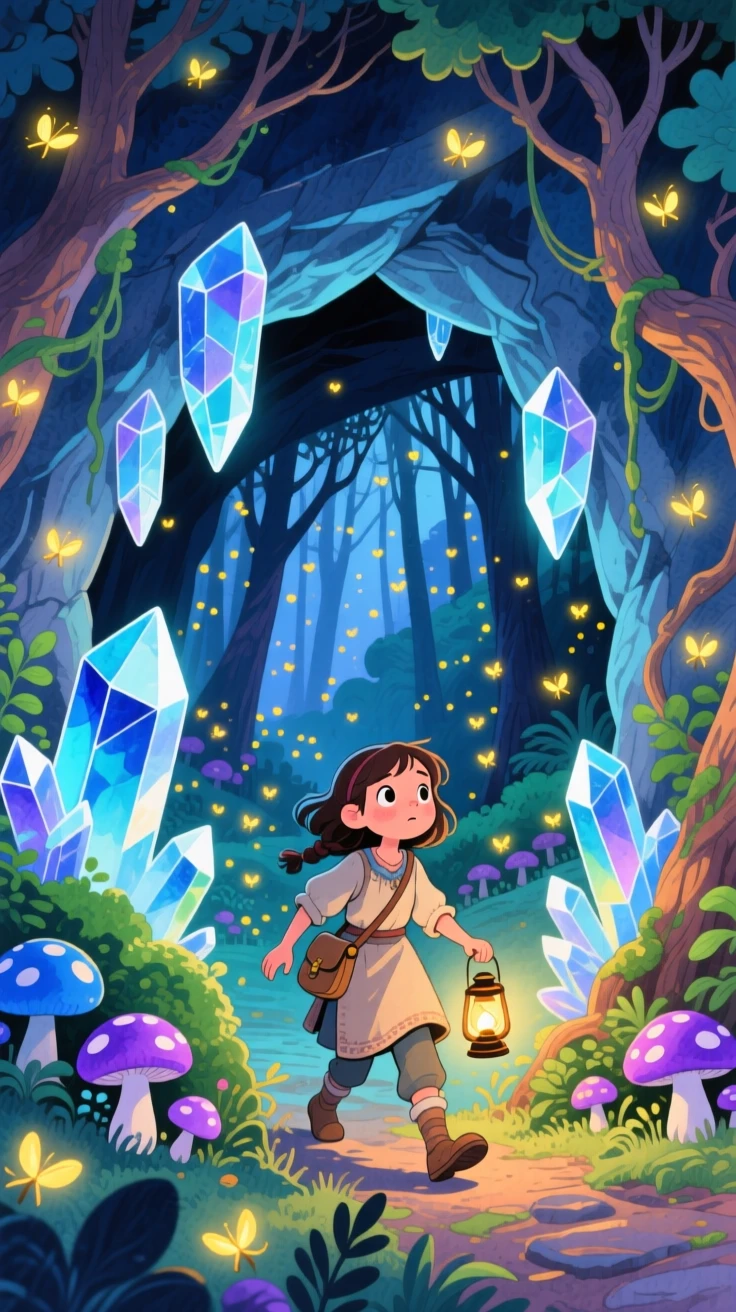 A brave village girl turned hero exploring a crystal cave lit by glowing mushrooms, in an enchanted forest glowing with fireflies, brimming with enchantment and discovery.