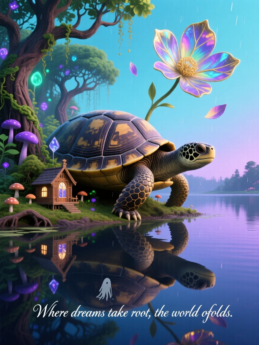 A turtle carrying an entire miniature forest on its shell wanders along the edge of a mirror-smooth lake, as flower petals fall gently from a clear sky.