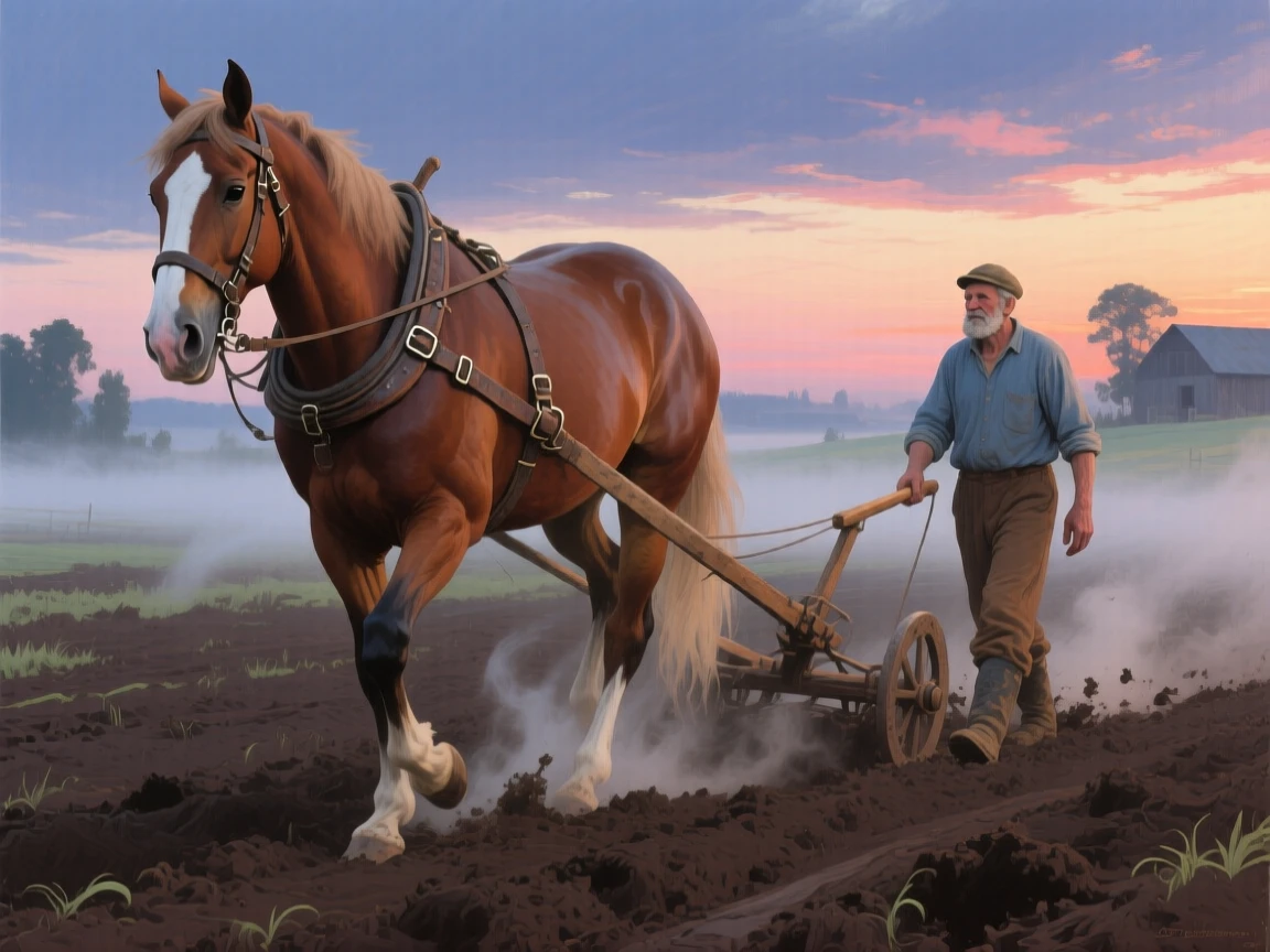 A gentle draft horse pulls an old wooden plow through a freshly tilled field at dawn, mist rising from the earth as a farmer walks alongside, its expression conveying a quiet intelligence as it surveys the world around it.