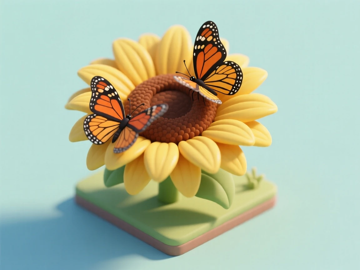 A pair of butterflies resting on a blooming sunflower, wings catching the light in a shimmer of orange and black.