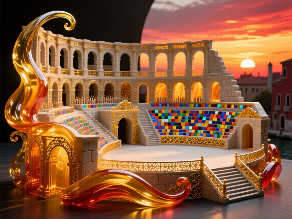 An ancient amphitheater bathed in golden evening light, historic and majestic.