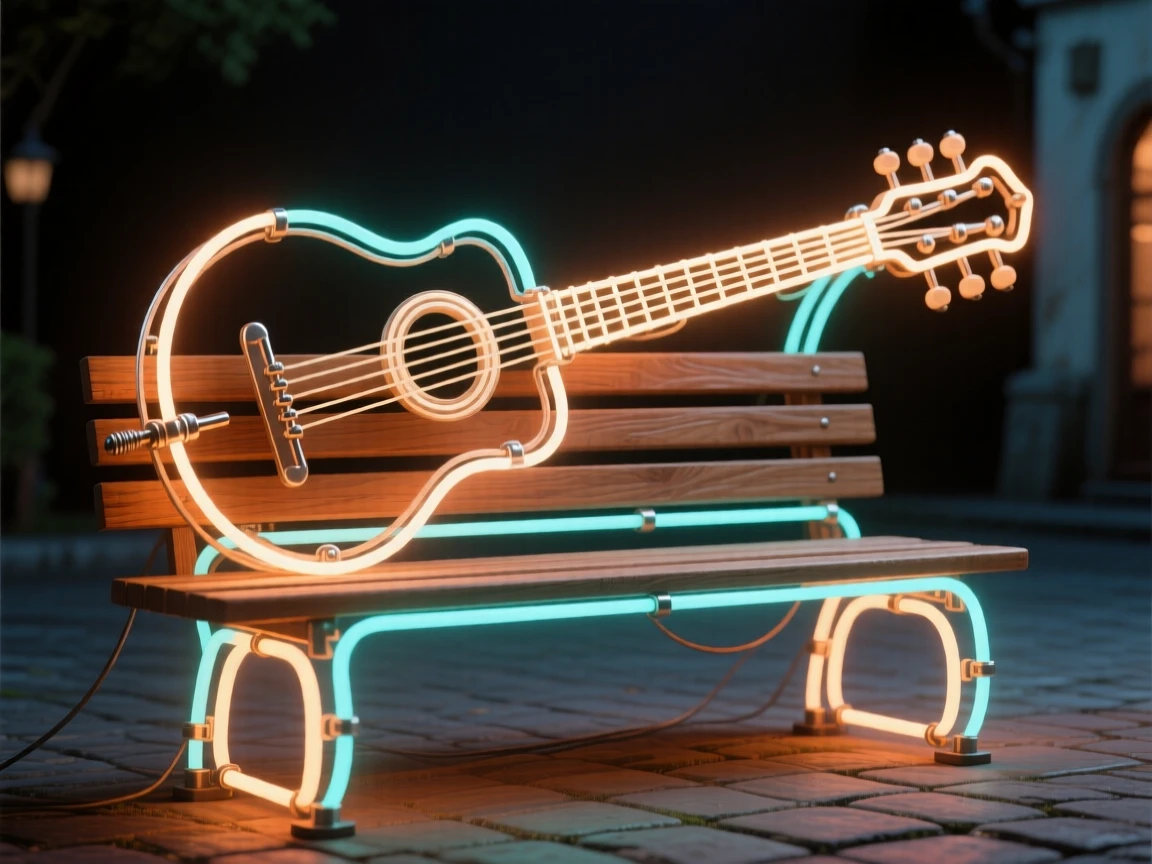 A hurdy-gurdy resting on a wooden bench in a village square.