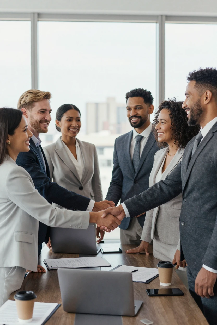 A group of business people shaking hands after a successful deal