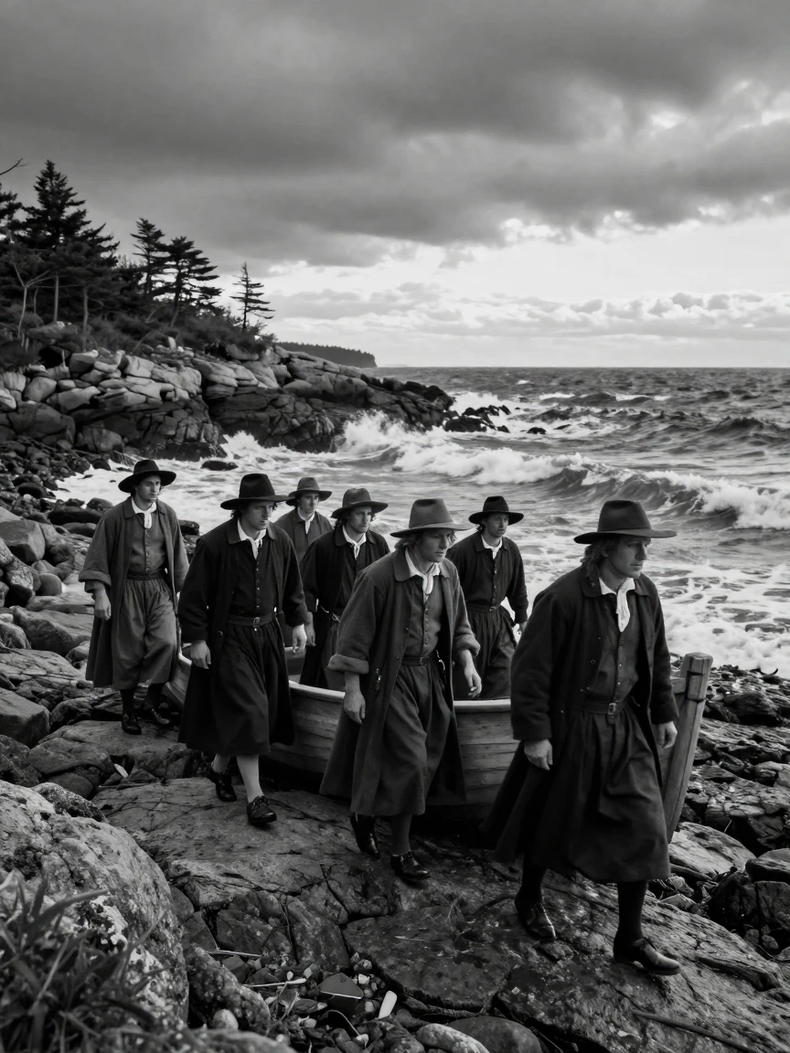 A group of pilgrims arrives at a distant shore on a rocky New England coastline.