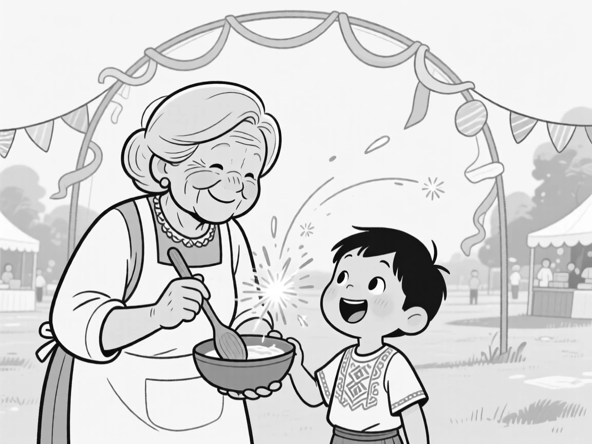 A grandmother teaching a grandchild a traditional recipe, giggling as sparks fly in bright arcs, set in a park during a summer festival. Paper streamers flutter from a nearby archway. It captures the warmth of celebration shared across generations.