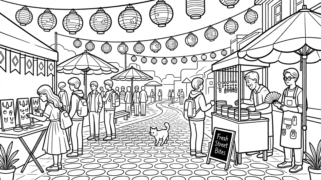 A crowded night market lit by hanging paper lanterns, with cobblestone streets stretching into the distance.