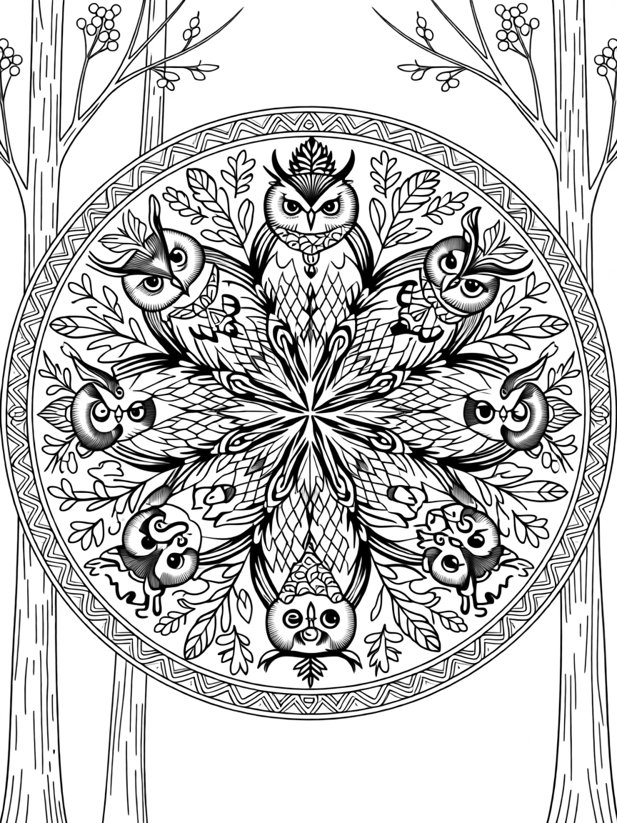 A mandala built from interlocking owls perched in a circular formation.
