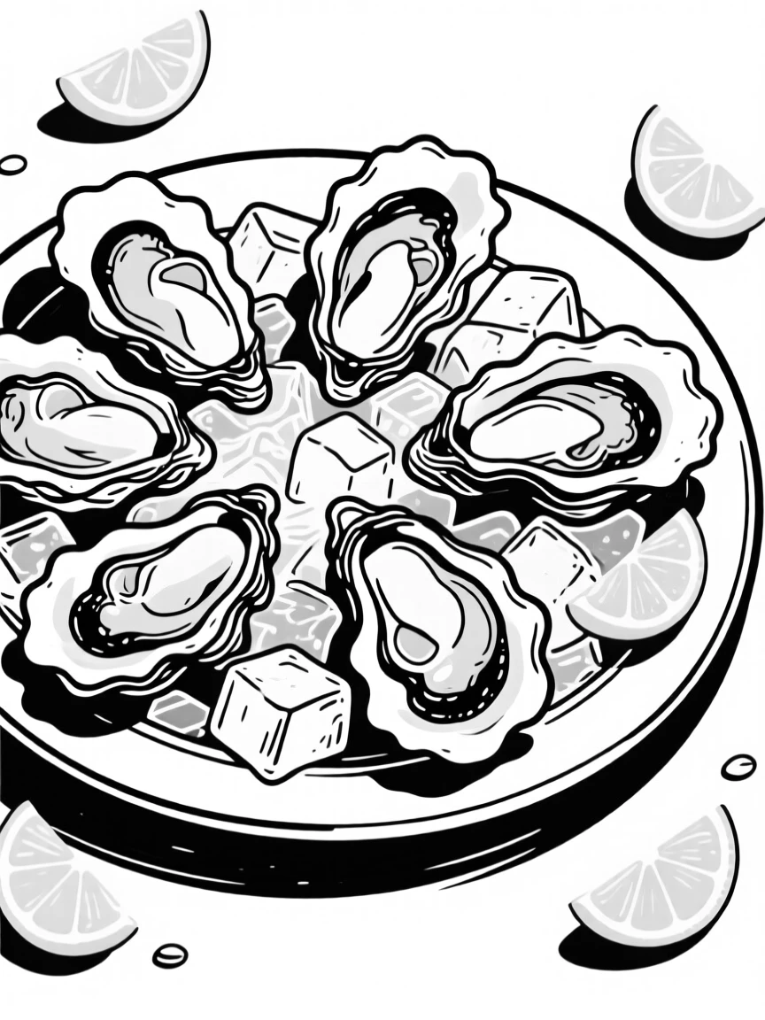 A platter of fresh oysters on ice with lemon wedges.
