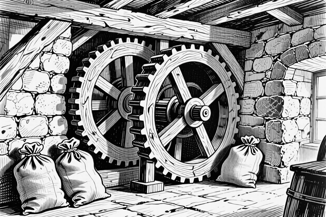 A traditional stone windmill interior with large wooden gears and grain sacks.
