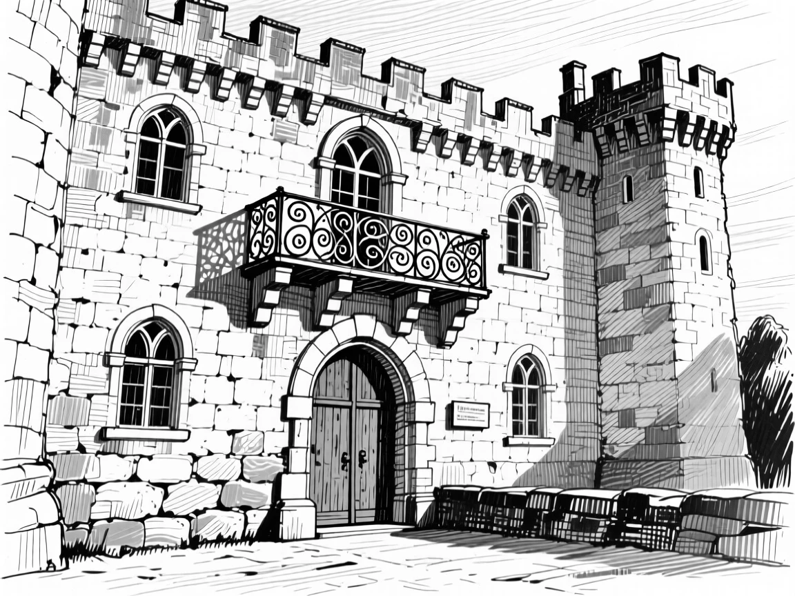 An ancient stone castle on a quiet early morning, featuring wrought-iron balconies overhead, rendered in an awe-inspiring architectural composition.