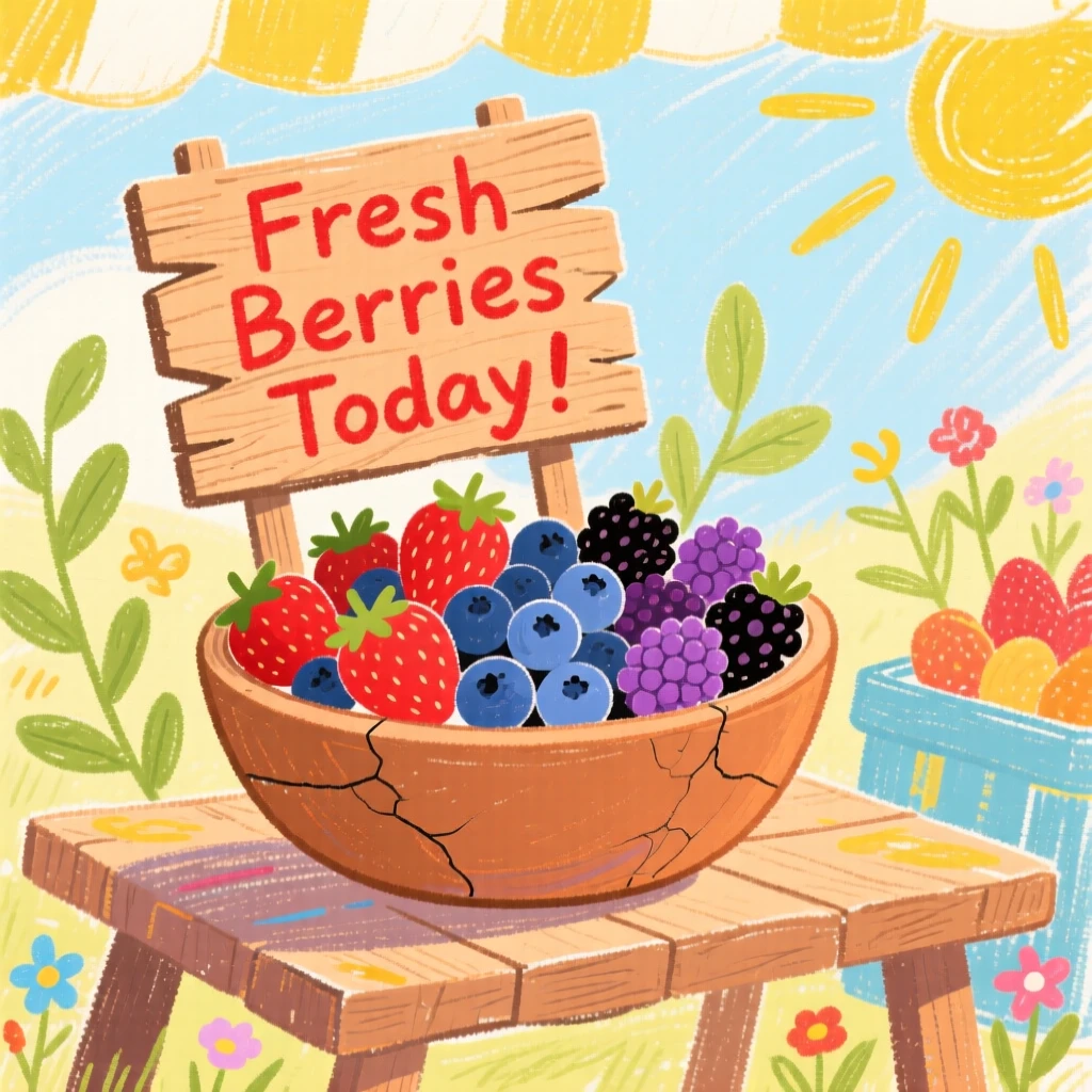 A bowl of fresh berries displayed at a sunny farmers market stall.
