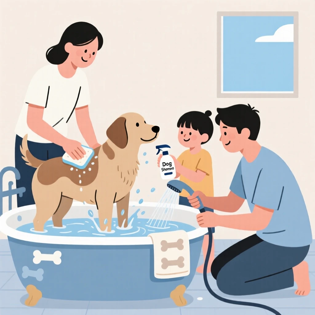 A family washing the dog together at home.