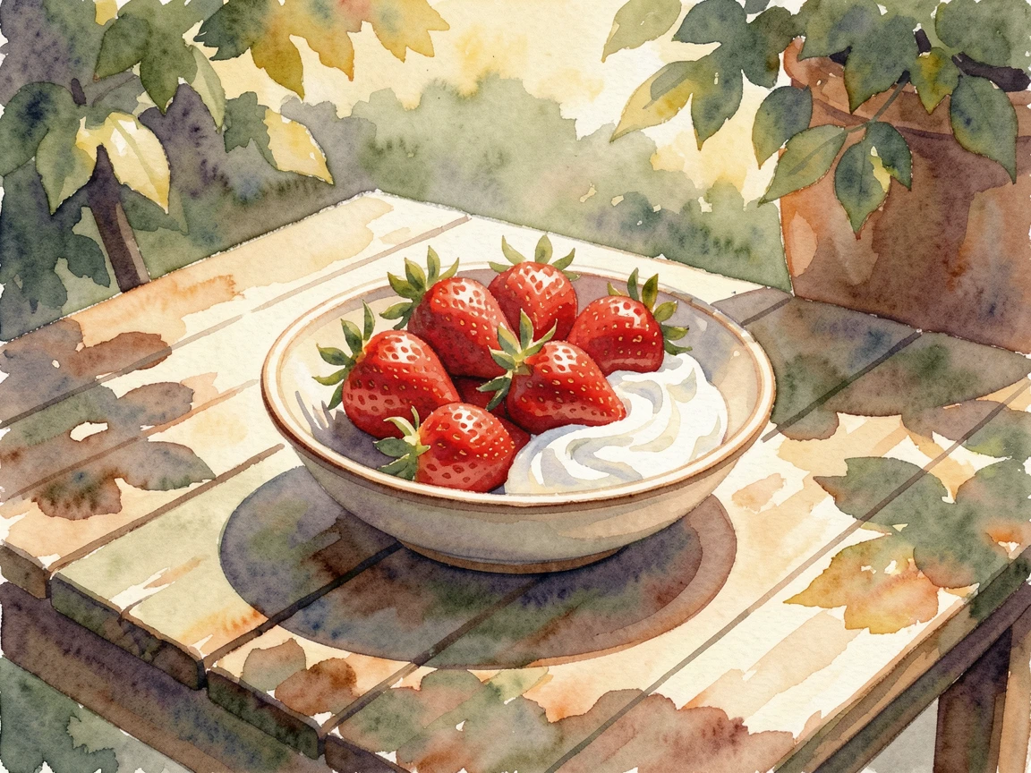 A bowl of fresh strawberries and cream on a sunlit outdoor patio table.