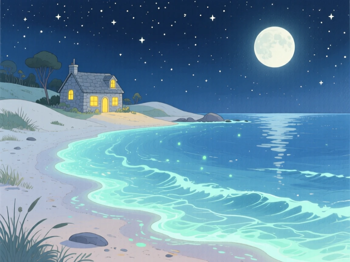 A moonlit beach with gentle bioluminescent waves, with a small stone cottage nestled in the distance, radiating natural splendor and tranquility.
