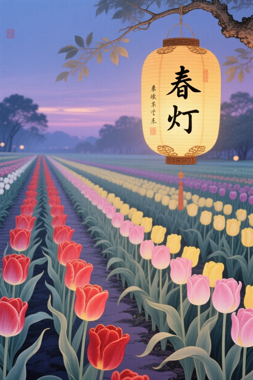 Tulips lined up in neat garden rows under a paper lantern glowing at dusk