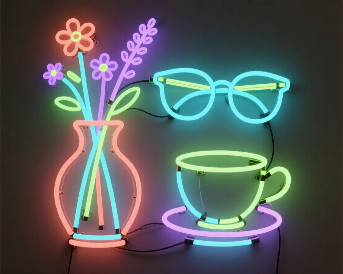 A vase of wildflowers beside a pair of reading glasses and a teacup.