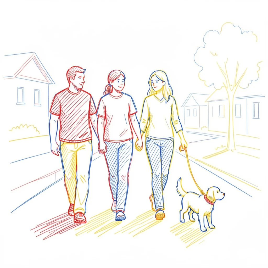 A family walking a new puppy together in the neighborhood