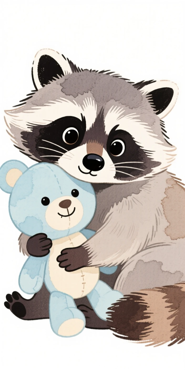 A raccoon snuggled up with a stuffed toy