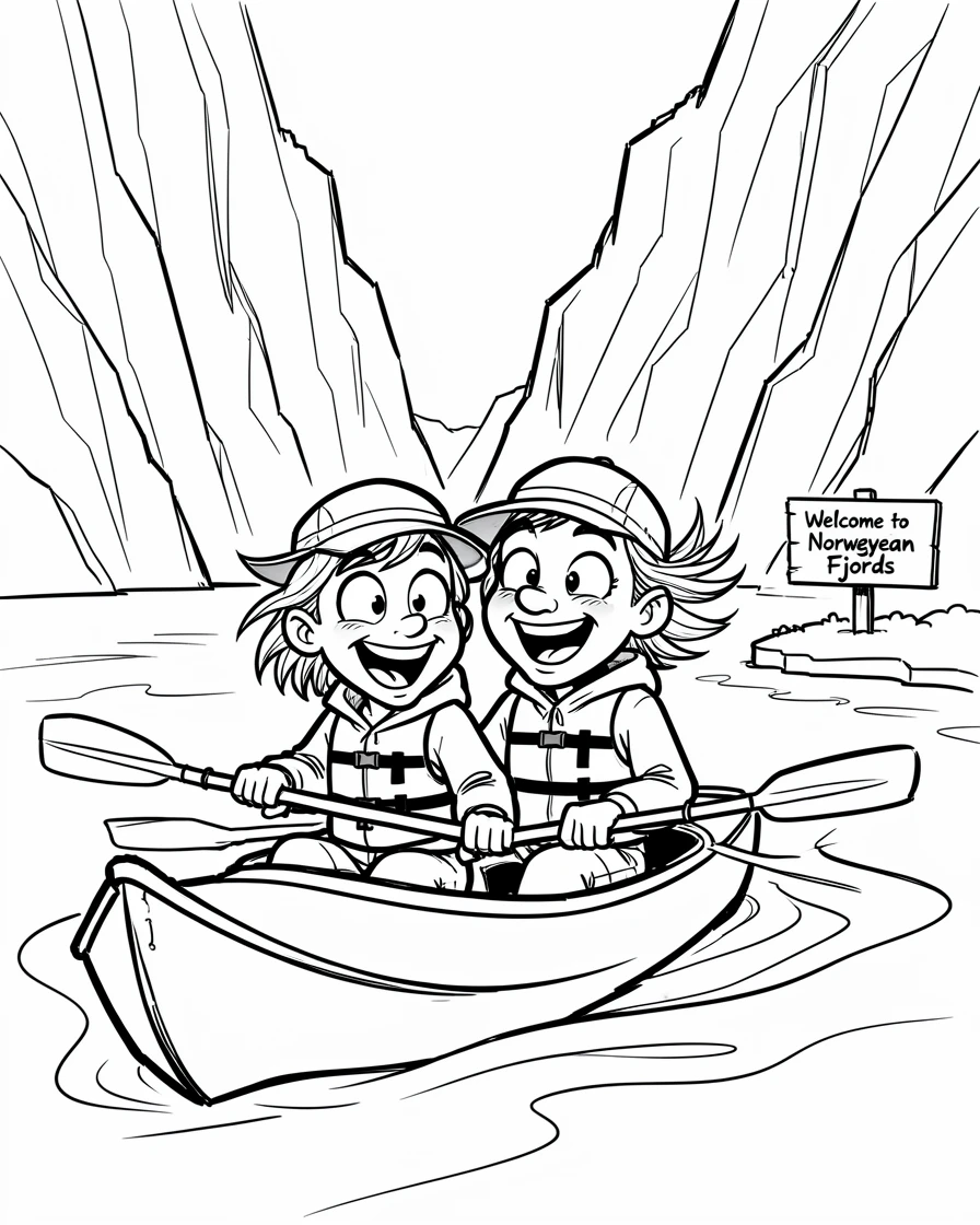 [Travel & Cultural Experiences] Vivid travel scene of a couple kayaking through a stunning fjord in Norway, full of wonder and adventure