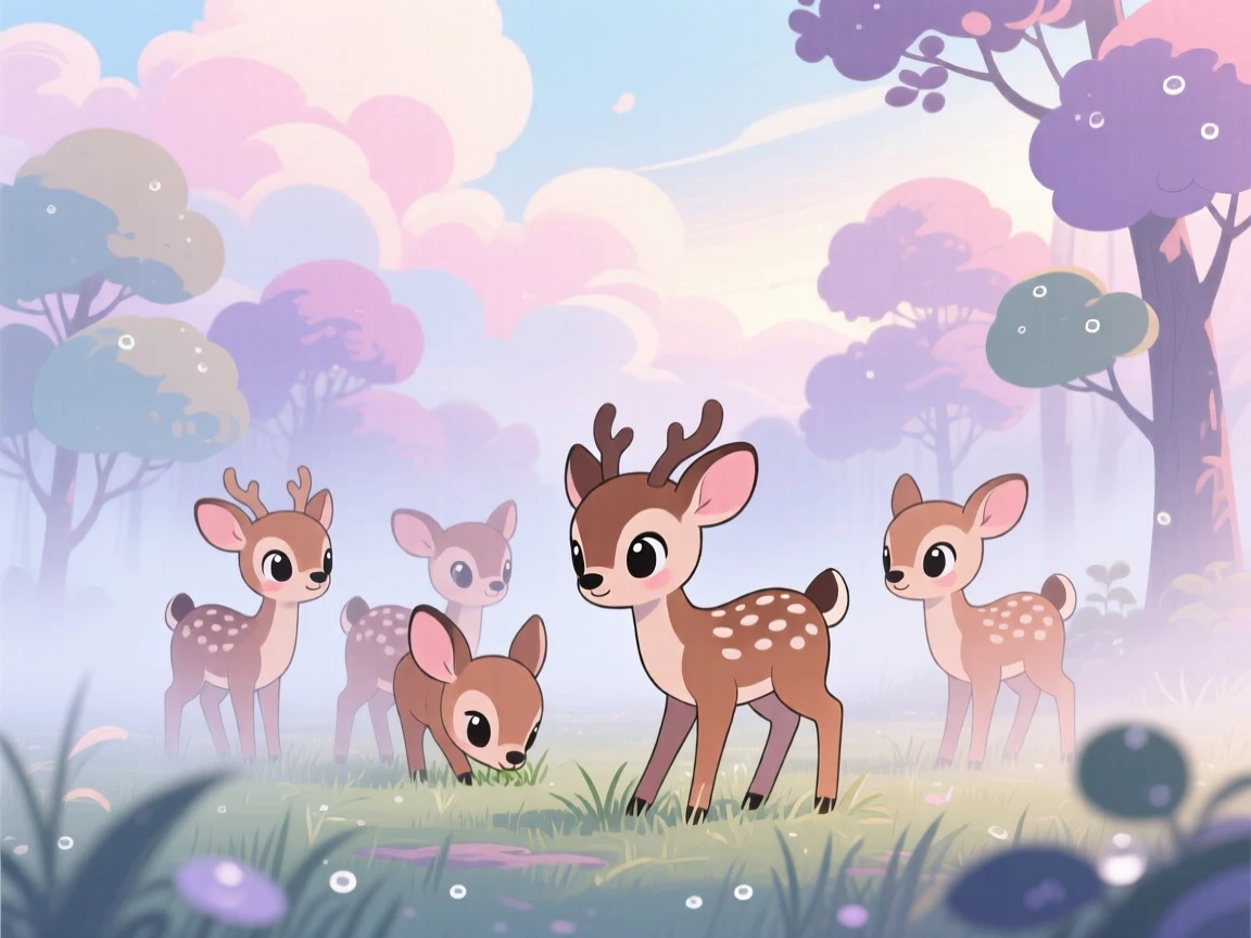 Extreme close-up: a group of deer, grazing peacefully in morning mist, set against a foggy woodland clearing beneath fluffy drifting clouds, with soft pastel light of dawn and a mood of quiet contentment.