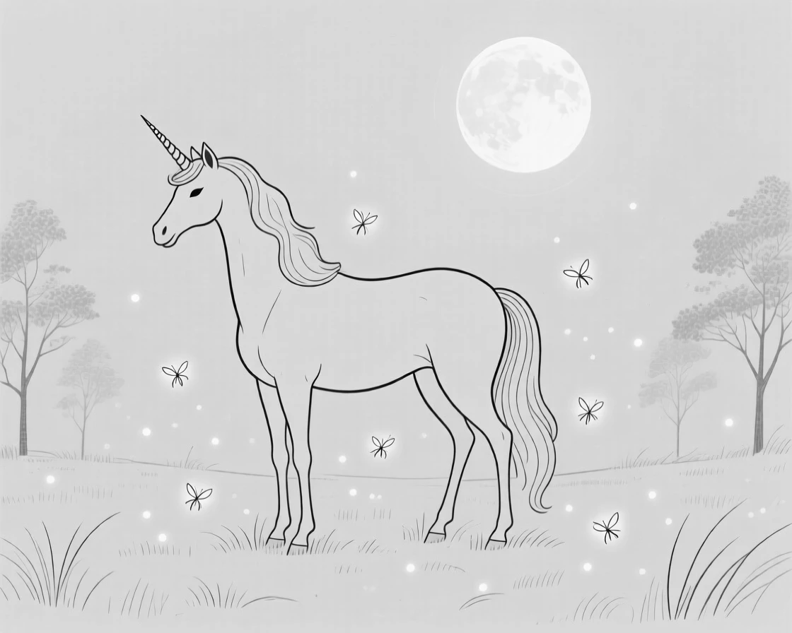 A unicorn standing in a moonlit clearing surrounded by fireflies