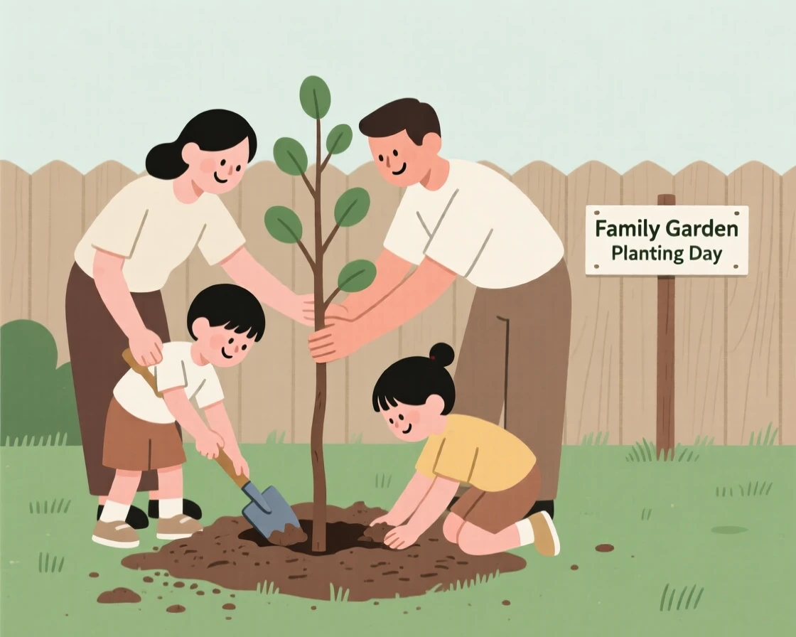A family planting a tree together in the garden.