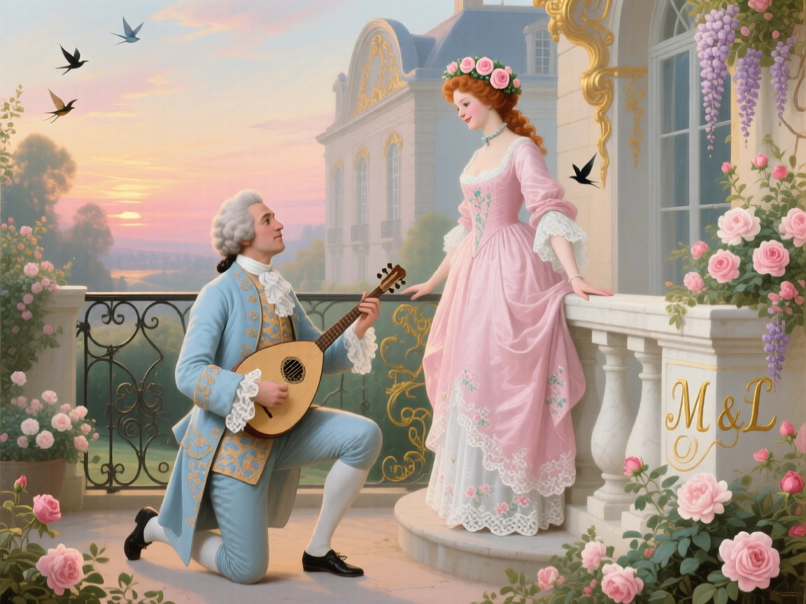 A gentleman serenading a lady from below her balcony  