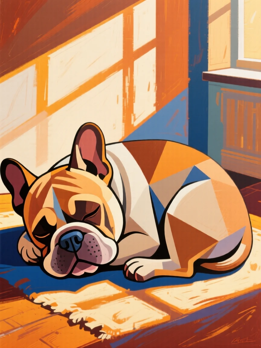 A charming close-up of a chubby french bulldog curled up asleep in a warm patch of sunlight on a bright afternoon.