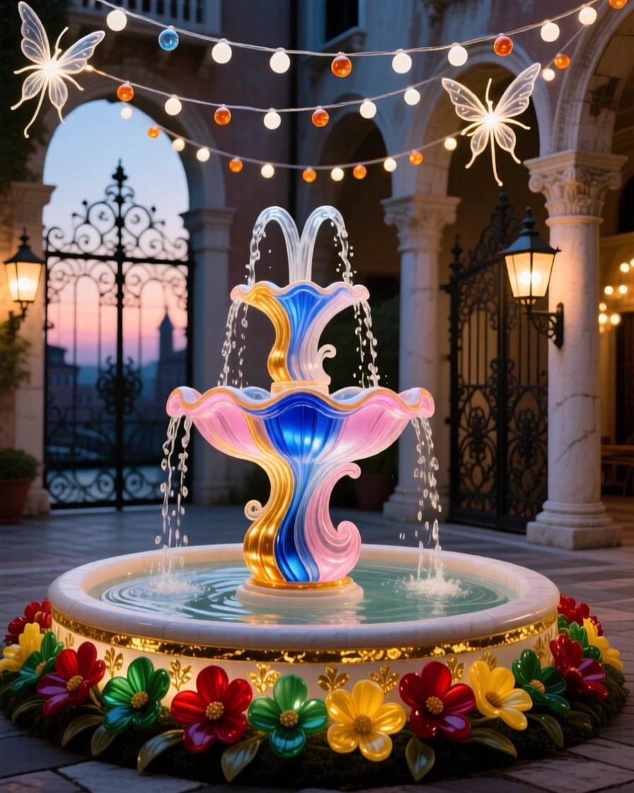 A grand fountain courtyard illuminated by twinkling fairy lights at dusk, romantic and elegant.
