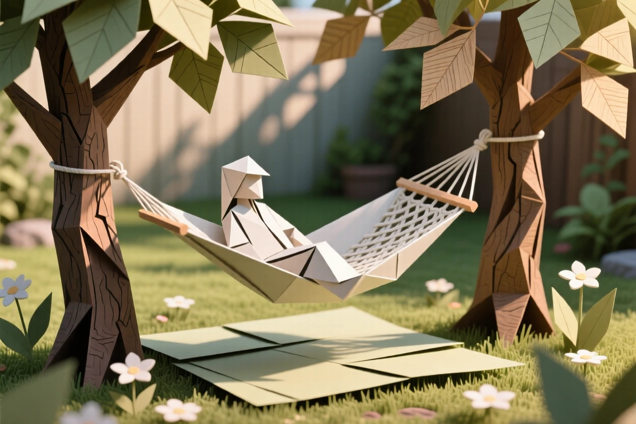 A cozy hammock strung between two trees in a backyard garden dappled with afternoon light.