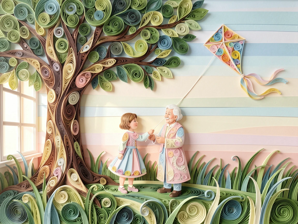 A heartwarming moment of a child and grandparent flying a kite together in a field beneath the shade of a large oak tree, in tender pastel morning light, framed with soft natural light streaming through a window.