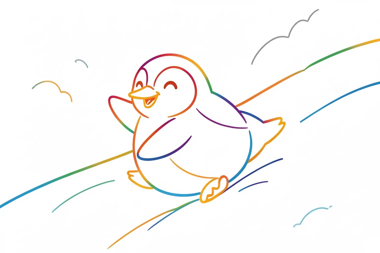 A plump penguin character sliding down a snowy hill on its belly.