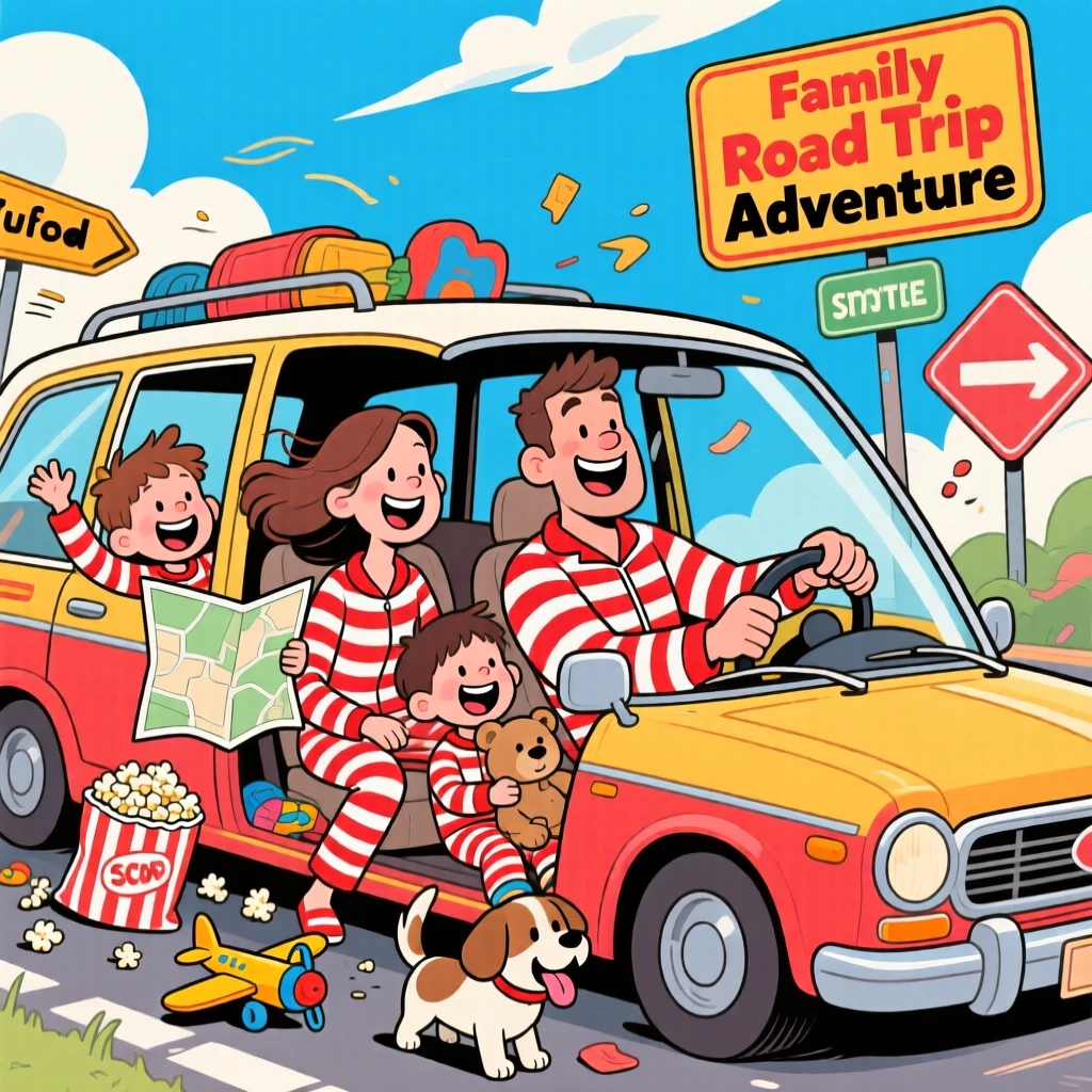 A heartwarming scene of a young family taking a chaotic road trip with the windows down, with warm smiles and matching pajamas.